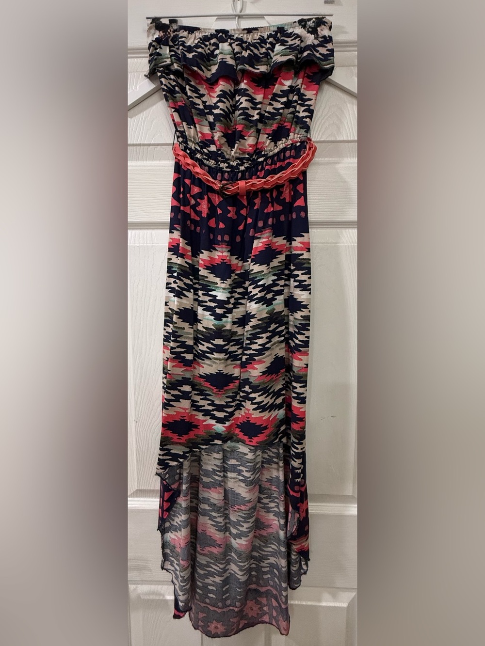 Trixxi Navy and Coral High-Low Strapless Maxi Dress